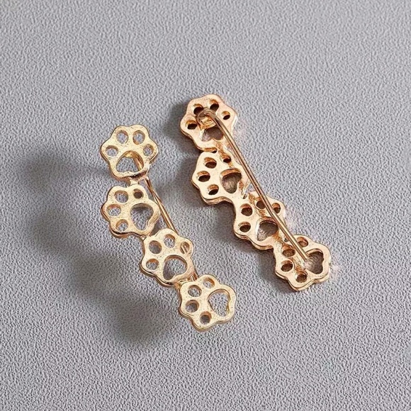 Gold Tone Paw Print Ear Climber Sweep Earrings - Picture 2 of 5